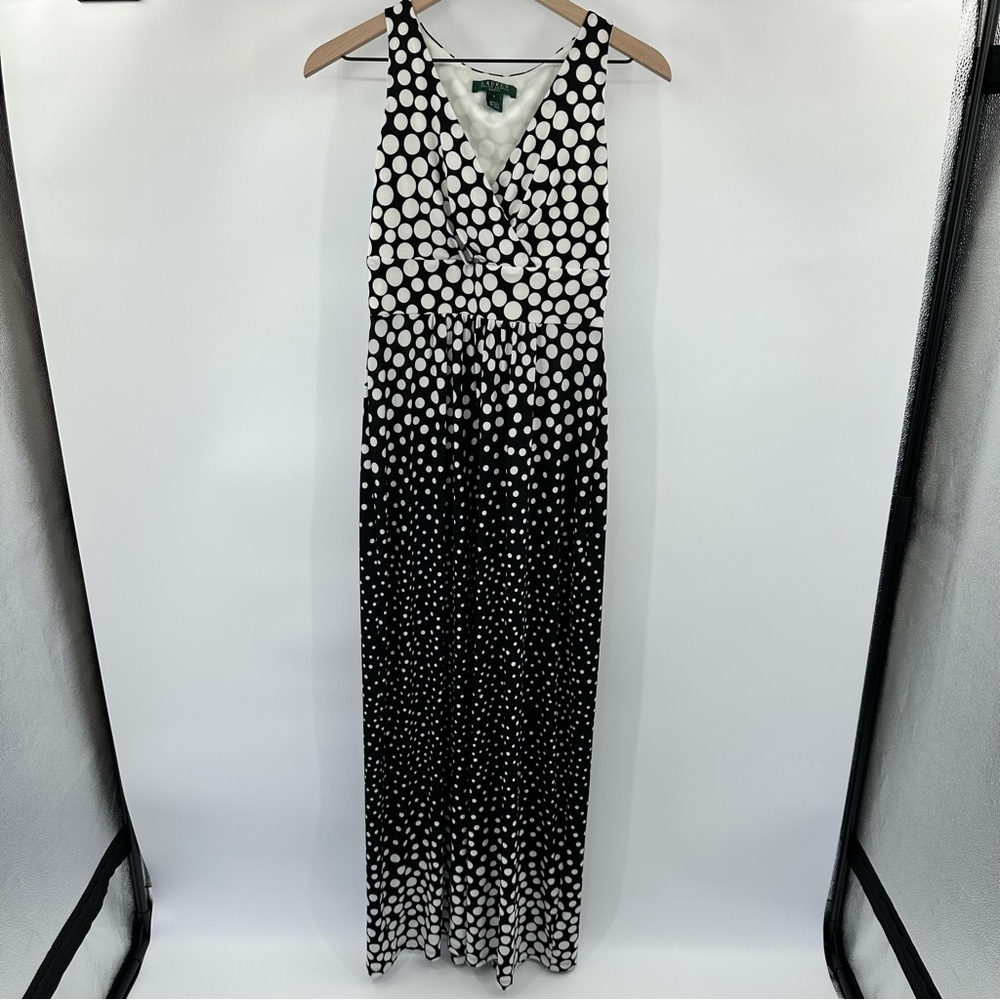 Lauren Ralph Lauren Sleeveless Maxi Dress 4 Polka Dot Black White Stretch V-Neck
